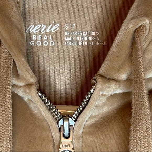 Aerie Velour light Brown Cropped Long Sleeve Hooded Full Zip Sweater Small - Picture 5 of 8